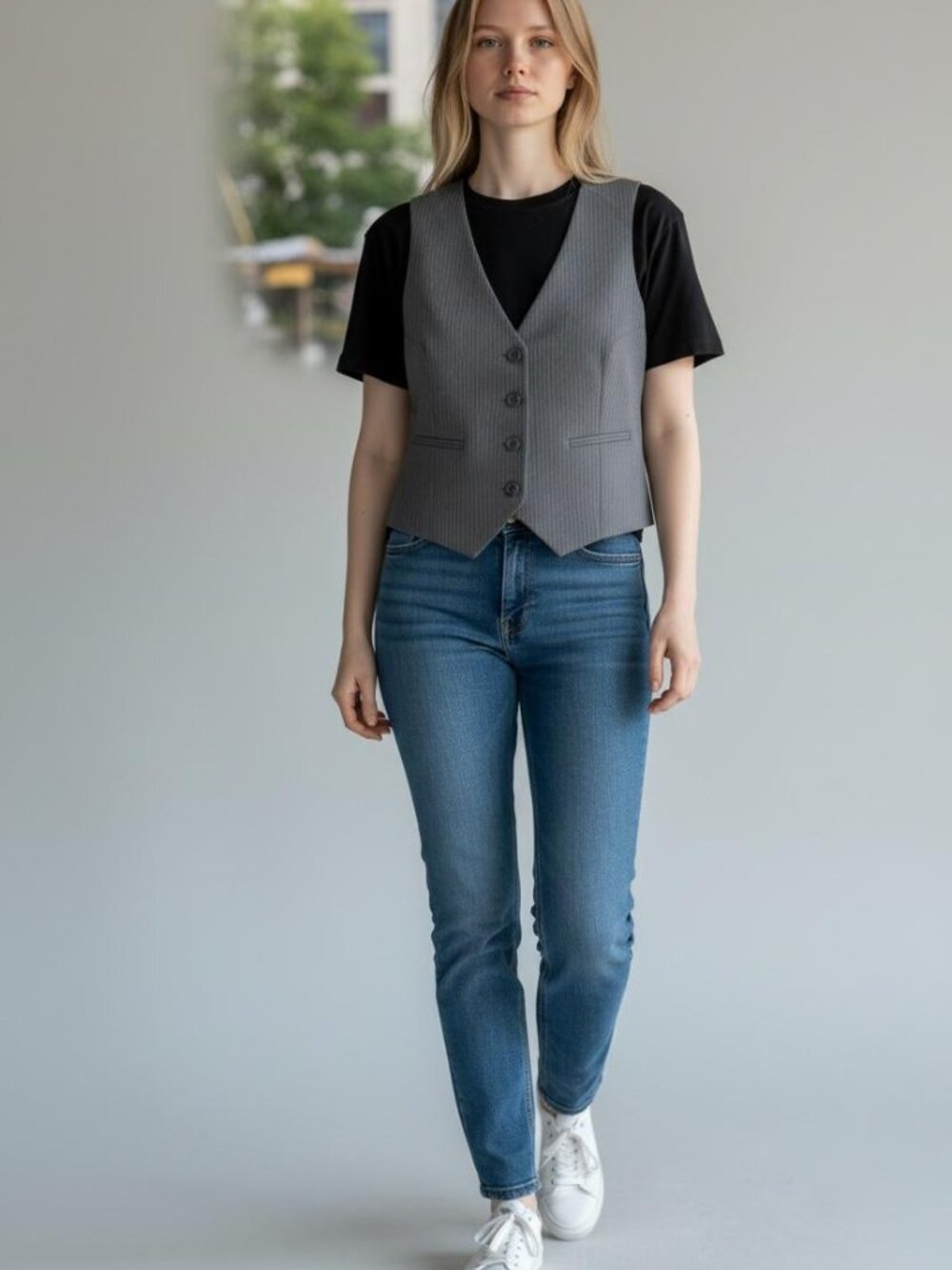 Bershka Women's Cropped Pinstripe Grey Button-Up Tailored Waistcoat Size M (H)
